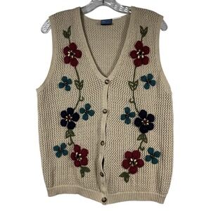 VTG Jantzen Classics Sz M Sweater Vest Grandmacore Crochet Knit Floral Beige